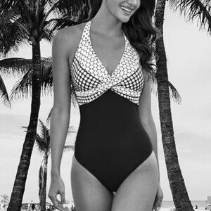 POLKA DOT Swimsuit One Piece Black White Women Size Small Color Block New Halter